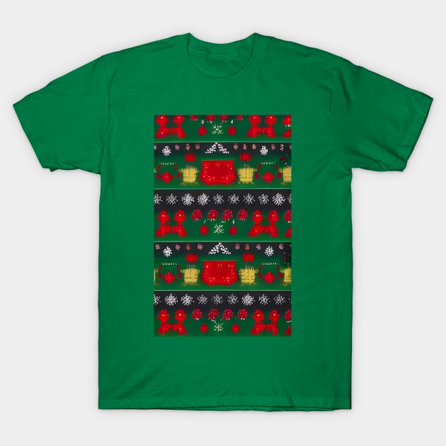 Futuristic Festive: Ugly Red Snowflake Pattern on Green T-Shirt by Christine aka stine1